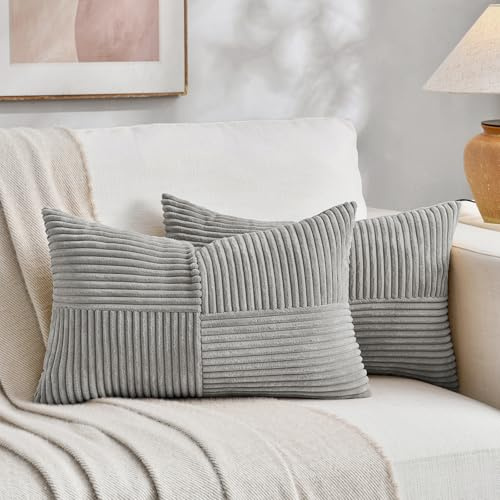 FDTERN 2er Set Hellgrau Kordsamt Kissenbezug 50x70CM Weich Moderne Dekorative Kissenbezüge Kissenhülle Dekokissenbezug Sofakissen Dekokissen Boho Deko für Sofa Schlafzimmer Wohnzimmer Bett