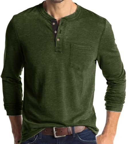 Mens Polo Shirts Henley T Shirts Collarless Grandad T Shirt Golf Shirts Long Sleeve Tops Olive Green T Shirt Men M