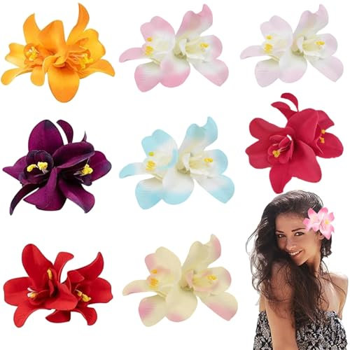 AYNKH 8 Pièces Hawaii Barrette Fleur Pince,Barrettes à Cheveux D'Hibiscus Hawaïen Bohème Orchidées Doubles Accessoires de Coiffure Pour la Plage La FêTe le Mariage