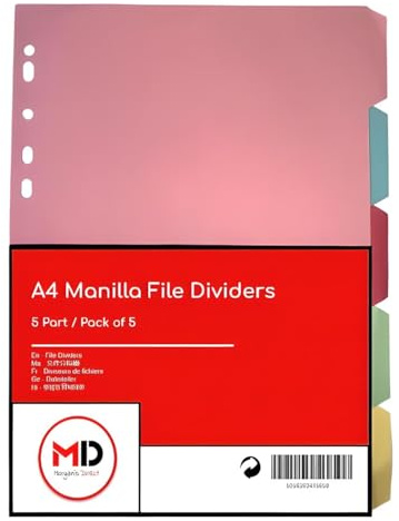 A4 5 Part File Dividers - Subject Divider with Assorted Manilla Card Tabs - Pack of 5