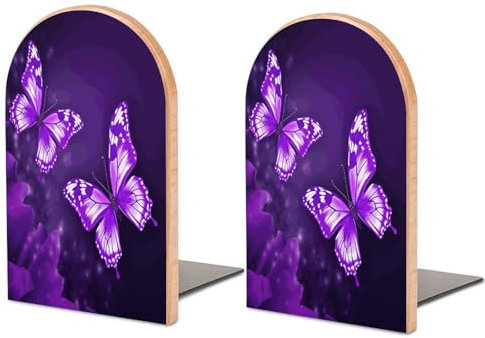 Serre-livres en bois avec papillons violets imprimés, pour contenir des livres, support de livre créatif en résine pour fichiers de bureau, magazines, livres de cuisine