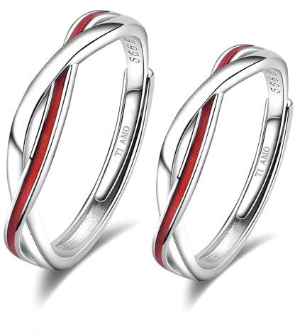 MILANG Anello di Coppia Filo Rosso, Anelli Argento Sterling con Linea Rossa, Anello di Fidanzamento con Incisione, Regolabile per Uomo e Donna, Anello Anniversario Matrimonio