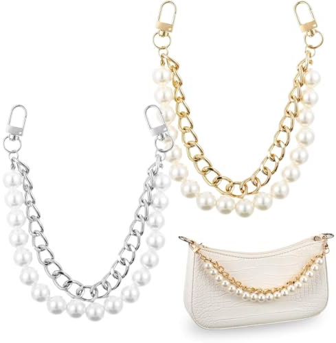 Taschengriff mit Perle, 2 Stück Taschenkette für Umhängetaschen, UmhäNgetasche Hand GüRtel Kette, Gold silber Extender Kette, Perlen Verstellbar für Damen Taschen, Tasche Kette mit Perlen, 30cm