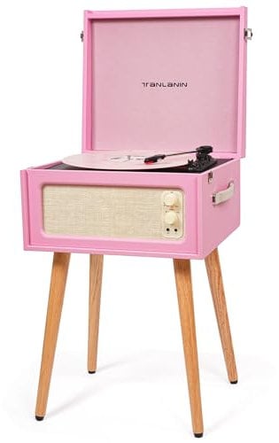 Turntable with Stand, 3-Speed Recording Player with Built-in Speakers and Removable Legs, Pink