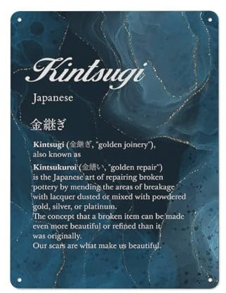 ODHHGDF Rustikales Metall-Blechschild, Kintsugi-Definitionsdruck, Wandkunst, Heimbüro-Dekoration, japanische Kintsukuroi-Definition-Malerei, Poster, 30,5 x 40,6 cm