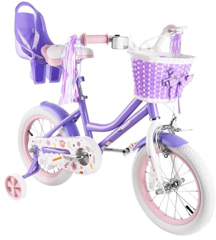 RULLY 18 Daisy Fahrrad für 5 6 7 8 9 Jahre alte Mädchen, 18 Kinderfahrrad mit Stützrädern, Ständer und Korb, Lila