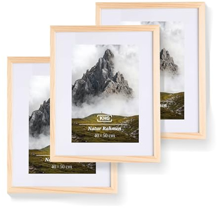 KHG Premium-Bilderrahmen 3er-Set 40x50 cm Natur, stabile Glasfront | hochwertiges Passepartout & MDF-Holzrahmen für Fotos, Poster, Zertifikate & Collagen, vielseitig einsetzbar, für Zuhause