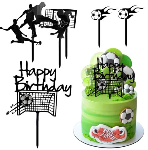 4PCS Football Cake Topper, Football Cake Decorations for Boys Soccer Birthday Cake Topper Personalised Cupcake Toppers Boys Sports Theme Birthday Cake Plugin Football Party Supplies