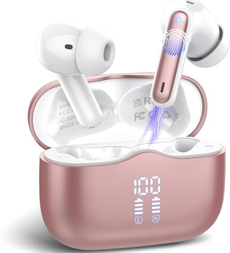 Wireless Earbuds, Bluetooth 5.4 Headphones in Ear with 4 ENC Noise Cancelling Mic, New Wireless Earphones HiFi Stereo Deep Bass 40H Playtime, LED, Bluetooth Ear buds IP7 Waterproof, Fast Charge, Rose