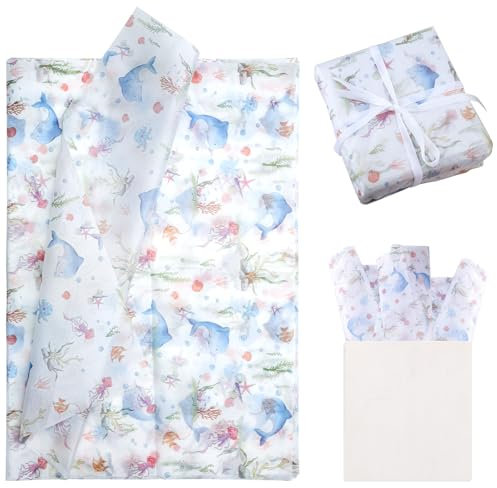 30 Stück Seidenpapier mit Meeresmotiven, Wal Seestern Muschel Seetang Meer Strand Kunst Weiches Geschenkpapier für Bastelarbeiten Geburtstag Valentinstag Babyparty Party Geschenktüten