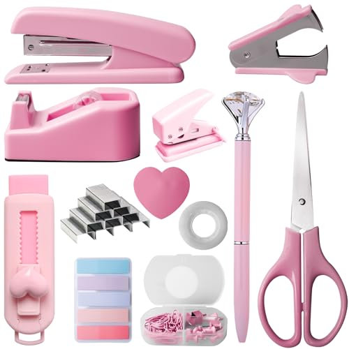 Set di articoli da ufficio rosa con due penne, set di articoli da ufficio con cucitrice, nastro adesivo, rimozione graffette, graffette, clip, forbici e linguette, regalo per donne, ufficio, scuola