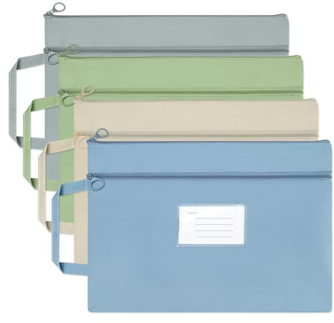 Diakey Lot de 4 sacs à documents A4 étanches avec poignée, double poche zippée en toile, porte-documents, avec poche pour cartes, pour livre, projet, bureau, voyage, A4