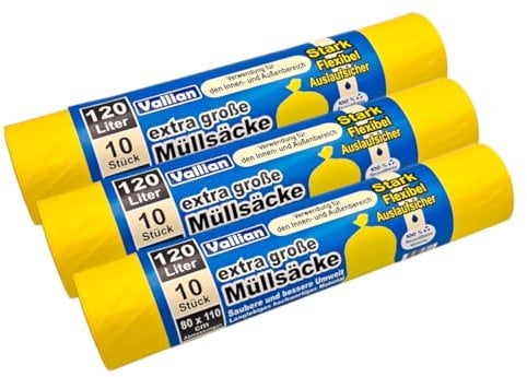 Vallian - Sacs poubelle jaunes extra larges de 120 litres - Dimensions : 80 x 110 cm - 10 sacs par rouleau - Résistants à la déchirure, solides et flexibles - Lot de 3 rouleaux (30 sacs poubelles)