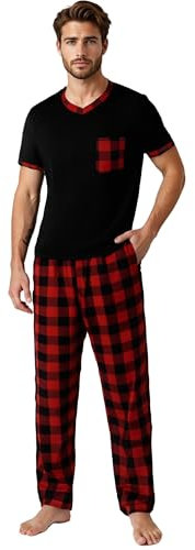 YUSHOW Pyjama Homme Hauts Manches Courtes col V et Carreaux Pantalon Long Pyjamas avec Poches Ensembles Vêtements de Nuit Été Doux Comfortable,Rouge-Noir à Carreaux,XL