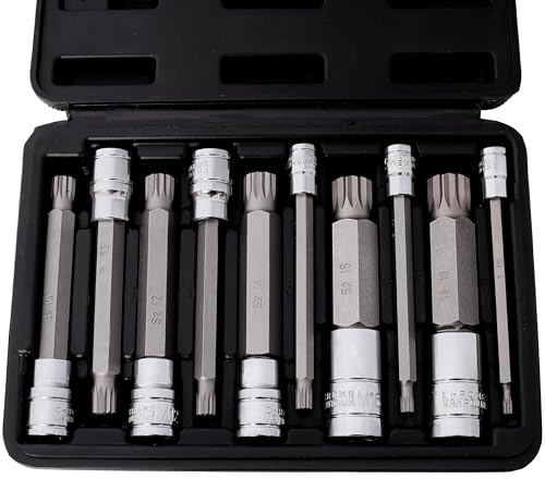 eSkde Spline Bit Set - Triple Square Socket Kit with M10 & M14 Bits for Automotive & Brake Caliper Repairs, 10 Piece Chrome Vanadium Steel, Spline Set with Sturdy Case, Mechanic Tools