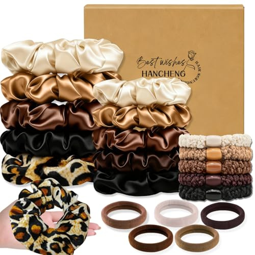 20er Set Haargummi Damen,Haargummis Mädchen,Seiden Scrunchies（Braun-Serie） | 5 Farben|Leopardenmuster Scrunchie|Seiden Haargummis|Zopfgummis Mädchen|Haarschmuck Mädchen|Geschenke für Frauen
