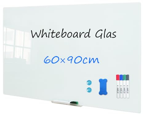 DEVELOP Weißes Glas-Whiteboard 60x90cm | Rahmenlose magnetische Tafel aus gehärtetem Glas | Inkl. 4 Marker, 2 Starkmagnete & Schwamm | Für Wandmontage (Büro/Home-Office)