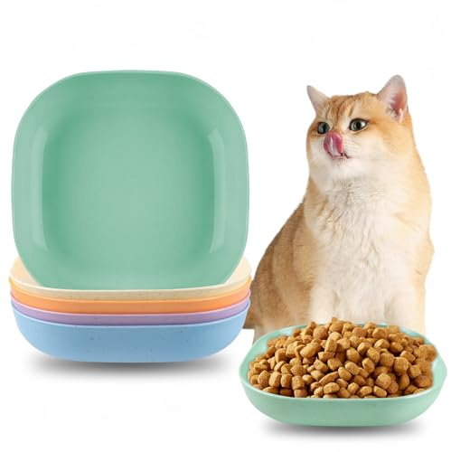 5 Pcs Cat Bowls, Square Cat Food Bowl Whisker Friendly, Shallow Wide Food and Water Kitten Bowls, Safe Wheat Straw Cat Dishes for Indoor Outdoor Cats