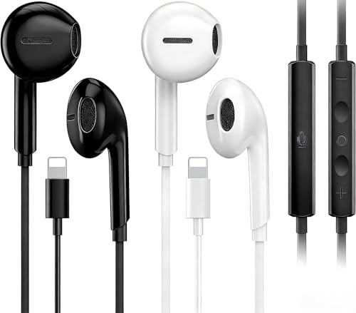 2 Pack Lightning Wired Earphones Headphones, MFi Certified In-Ear Wired Earbuds for Apple iPhone 14/14 Plus/13/12/11/8/7 X Pro Max,iPad (White&Black)