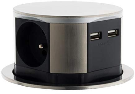 Otio - Bloc multiprise encastrable compact 3 prises 16A 2P+T & 2x USBFinition Inox