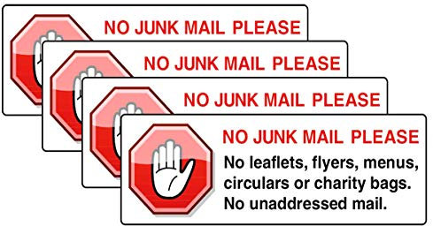 4 x No Junk Mail, Letter Box Vinyl Stickers [75mm x 25mm]