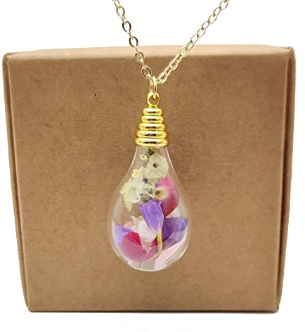 Mixed Real Flower Babysbreath Roses Forgetmenot Waterdrop Glass Pendant 18k Gold Plated Chain Necklace for Women Handmade