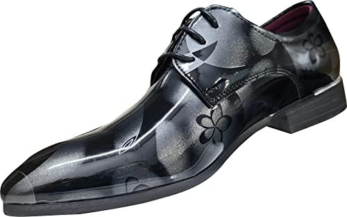 Scarpe Derby da uomo alla moda con motivo floreale, stringate, formali, a punta, lucide, piatte in finta pelle, Fiore grigio., 42 2/3 EU