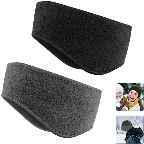 KOMAKE Ear Warmers Headband, 2 Pack Earmuff Headband Fleece Earmuffs Running Headband Winter Ear Covers Moisture Wicking Sweatband Ski Sport Headband for Men & Women (Black+Grey)