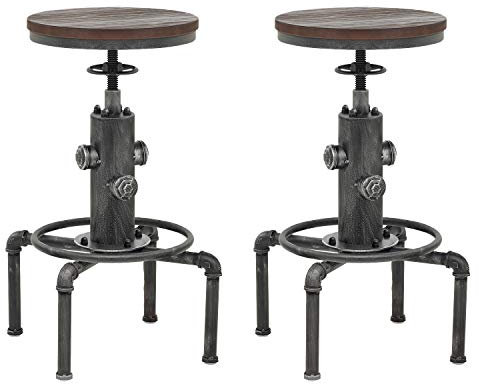 Topower Antique Vintage Industrial Barstool Solid Wood Water Pipe Fire Hydrant Design Cafe Coffee Industrial Bar Stool Set of 2 Silver