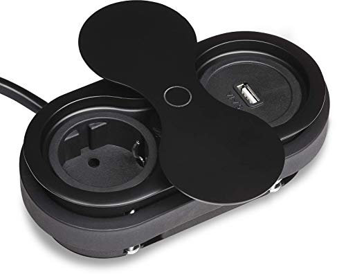 SOTECH Prise intégrée (1 x port USB / 1 x prise Schuko) noir avec fiche avec couvercle rotatif push to open Élément de prise pour plans de travail
