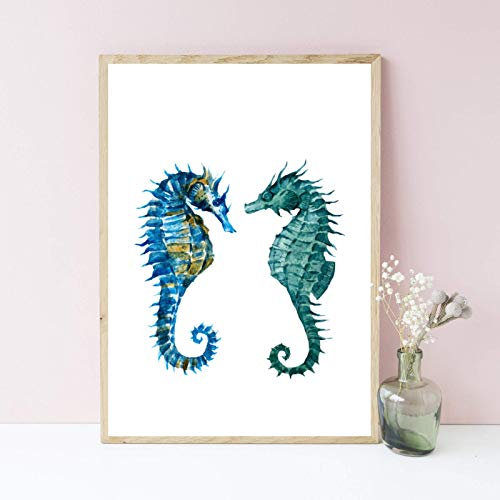 Din A4 Kunstdruck ungerahmt - Seepferdchen Meerestier Maritim Aquarell, Türkis, Grün Deko, Badezimmer Geschenk Druck Poster Bild