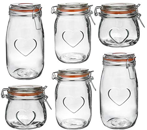 Nicola Spring Heart Design Glass Storage Food Preserve Jars - 500ml / 1L / 1.55L - Orange - Set of 6