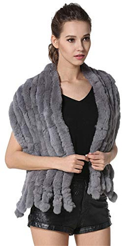 KAISHIN Gestreift Schal für Frauen Winter Beiläufig Breite wickeln Damen Echtes Rex Kaninchenfell Stolen Grau