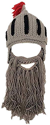 YEKEYI Lustige Ritterhelm Beanie mit Bart Mütze Handgemachte Strickmütze Winter Dicke Kappe Octopus Hut Halloween Cosplay Skimaske, Grau, Einheitsgröße