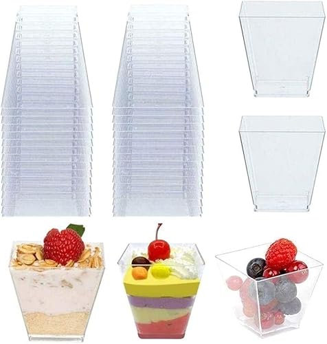 JoyFan 50Pcs Disposable Plastic Dessert Square Cup Mousse Cup Transparent Trapezoidal Food Container, for Jelly Yogurt Mousses Dessert Baking Christmas Thanksgiving