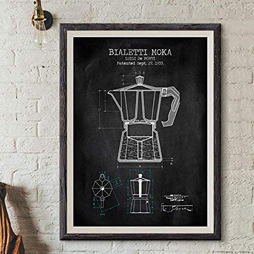 Ling88 Kunstdruck, Kaffeekanne Patent Poster, Bialetti Moka Poster, Kaffee Blaupause, Kunst Leinwand Malerei, Küche Wandkunst Dekor, Schwarz, Art Deco, 50x70 cm