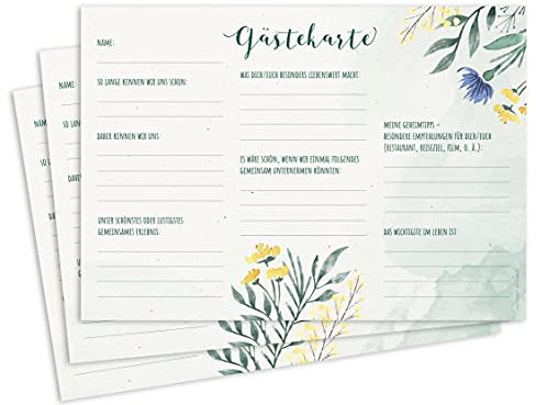 FRUITPRINTS 25er Set Gästekarten, Motiv: Grüne Wiese, mit Fragen zum Ausfüllen, Format A5, Hochzeitsspiel, Gästebuchkarten