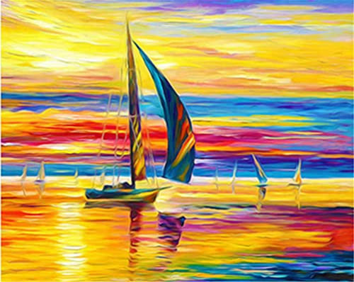 YEESAM ART Malen nach Zahlen für Erwachsene Kinder - Segelboot Farbigem Sonnenuntergang Himmel 16x20 Zoll Leinen Segeltuch - DIY ölgemälde ölfarben Weihnachten Geschenke (Schiff, mit Rahmen)