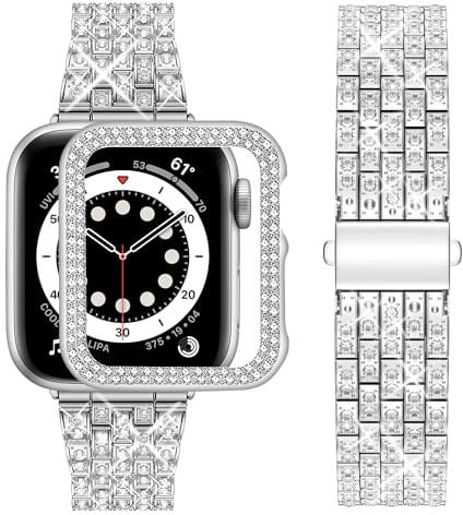 wutwuk Compatible Bling Apple Watch 9 8 7 Straps 41mm with Bling Case, Silver Sparkling Metal Woman iWatch Replacement, Bling Bracelet Diamond Rhinestone Wristband for iWatch Series 9 8 7 41mm-Silver