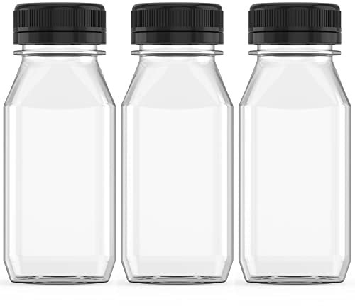 3 Pcs 8 oz Plastic Juice Bottle Reusable Transparent Bulk Beverage Containers with Black Lids for Juice, Drinking Milkshake Tea, Milk, Juicing Smoothie Water and Other Beverages, Fridge Storage