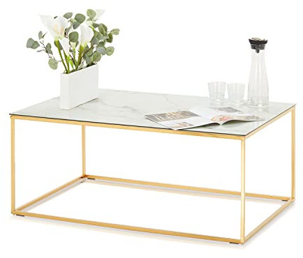 KHG Couchtisch Marmor Optik Weiß Gold 110 x 70 x 45 cm, Wohnzimmertisch eckig Marmortisch rechteckig, 4 Füße Tischplattenstärke 0,5 cm, Belastbar 20 kg, mit Glas beschichtet, Couchtisch