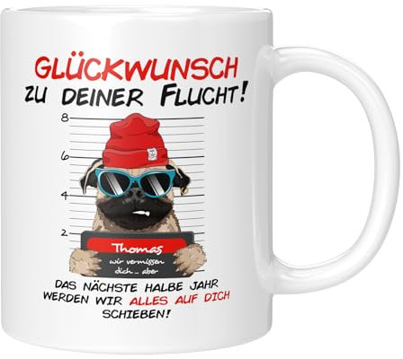 TassenTicker - Glückwunsch zu deiner Flucht - Abschiedsgeschenk - Abschied - Kollegen - Tasse mit Spruch - jobwechsel - Dankeschön - Personalisiert - Weiss
