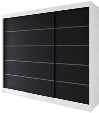 Easy4You R7 250 cm Weiß/Schwarz Schiebetüren Kleiderschrank 250x215x58 cm Schlafzimmermöbel, Aufbewahrung - Mehrzweckschrank - Farbe: Weiß/Schwarz