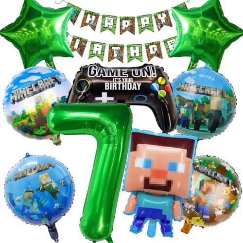 7 Jahre Junge Folienballon Geburtstagsdeko, 10 Stück Ballon-Dekorationsset mit Spielthema, Enthält Zahlenballons, Runde, Menschlicher Ballon, Banner, Geeignet kinder Dekoration für Geburtstagsfeiern