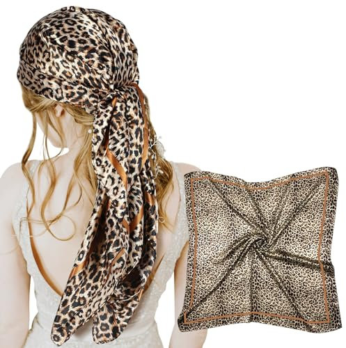 HUIKWAN Kopftuch für Damen, 89,9 cm, groß, quadratisch wie Seide, gelocktes Stirnband zum Wickeln und Schlafen in der Nacht, modisches Bandana, Kopftuch, Leoparden-Print, 35 x 35 inches