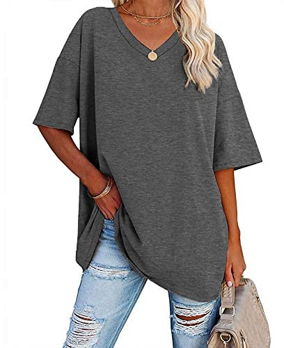 Famulily Plus Size Solid Color Tunic Tshirts Ladies V Neck Half Sleeve Summer Baseball T Shirt (XL, Dark Grey)