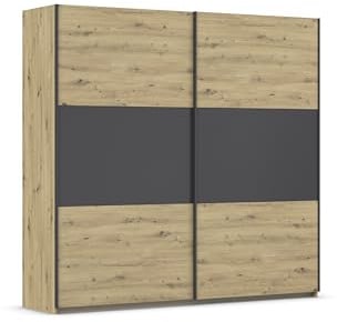 Rauch Möbel Neo, Schwebetürenschrank, Kleiderschrank, Kleiderschränke, Garderobe, Schrank mit Stauraum, 2-türig, Farbe Eiche Artisan-Grau metallic, Holz, Schwarz, 218x210x59cm