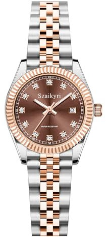 Szaikyri Klassische Damenuhr mit Festem Rostfreien Stahlgürtel Wasserdicht Armbanduhr Damen Kalender Uhr für Damen (Rosegold Brown)