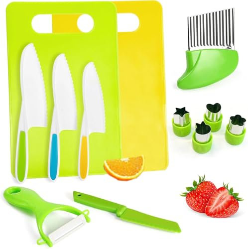 JinRui-T 13 Pieces Kids Kitchen Knife Set,Toddler Knives Sets,Wooden Safety Knives for Real Cooking Knife Set Include 4 Plastic Safe Knives Crinkle Cutter Kids Cutting Board and Wooden Safe Knife