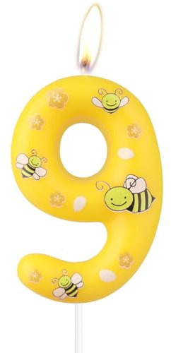 mciskin Honeybee 9th Birthday Candles, Bee Cake Decorations,Yellow Number 9 Candle for Cake,Girls Boys 9th Birthday Decorations,Cartoon Bee Candles Cupcake Topper for Honeybee Themed Party Supplies